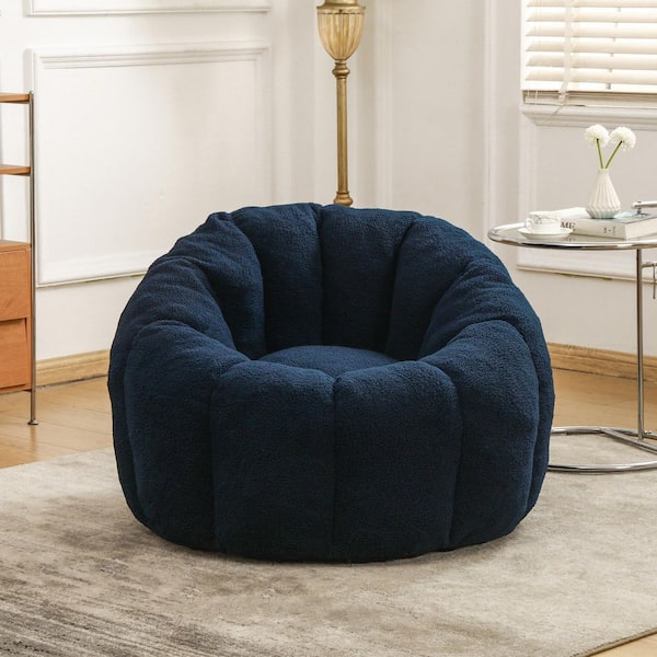 Dark Blue Faux Fur Bean Bag Chair with Armrests, Memory Foam Filled Lounge Chair for Living Room or Bedroom