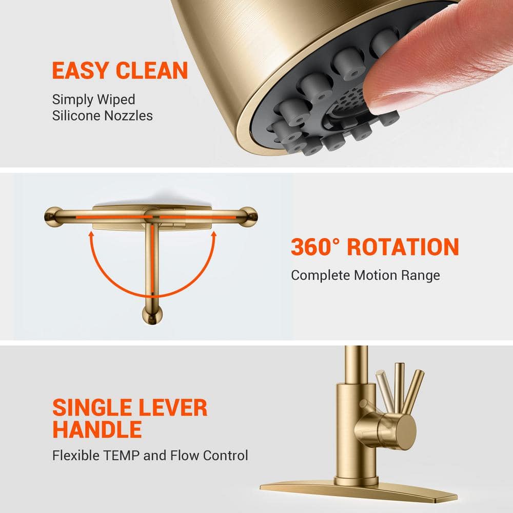 Brushed Gold Stainless Steel Pull Down Kitchen Faucet with Soap Dispenser