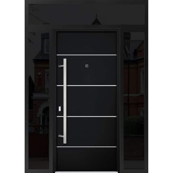 VDOMDOORS 6083 60 in. x 96 in. Right-hand/Inswing 3 Sidelights Black Enamel Steel Prehung Front Door with Hardware