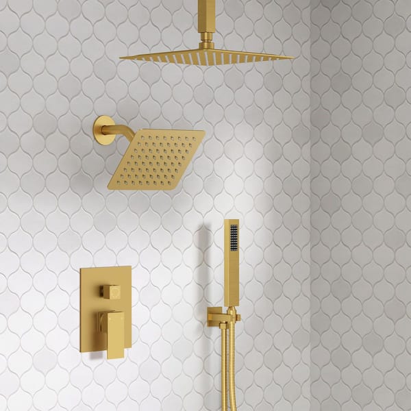 3-Spray Ceiling Mount 10 and 6 in. Dual Shower Head and Handheld Shower Head 2.5 GPM in Brushed Gold (Valve Included)