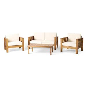 Teak 4-Piece Acacia Wood Outdoor Loveseat and Coffee Table Set, Patio Sofa Set with Cream Cushions for Backyard, Garden