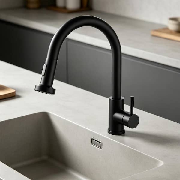16 in. 360° Spout Swivel Single-Handle Pull Down Sprayer Kitchen Faucet Stainless Steel in Matte Black