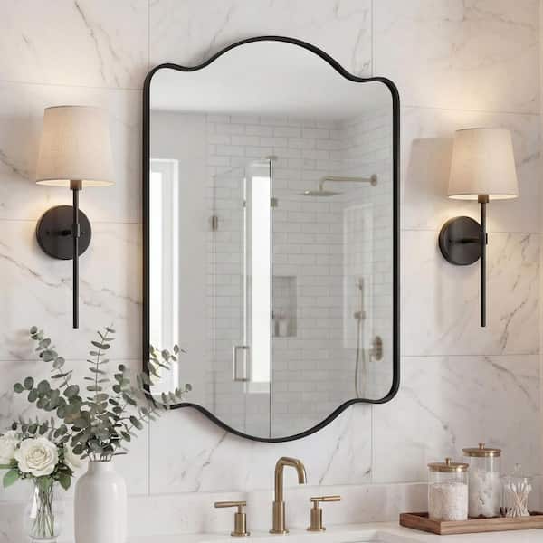 Louisa 24 in. W x 36 in. H Medium Scalloped Rectangular Metal Framed Wall Mirror, Black