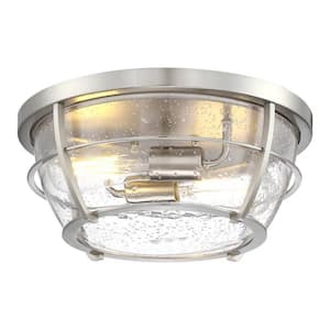 13 in. 2-Lights Brushed Nickel Transitional Flush Mount with Frosted Glass Shade and No Bulbs Included