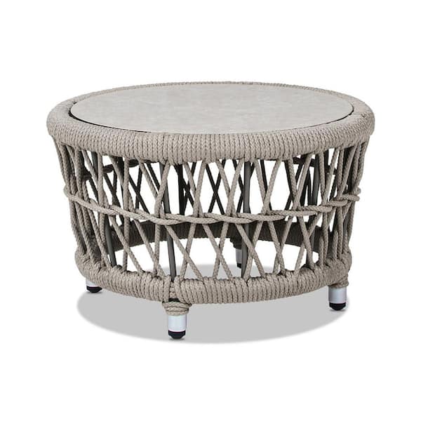 23 in. Round Woven Patio Light Beige Coffee Table