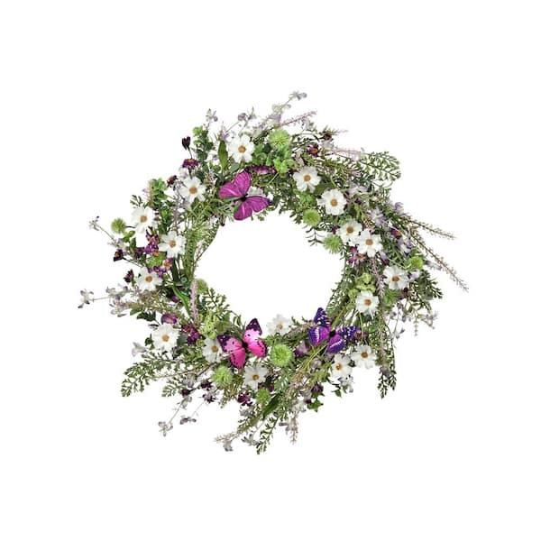 Regency International 24 in. Purple, White Artificial Wildflower with Butterfly Wreath