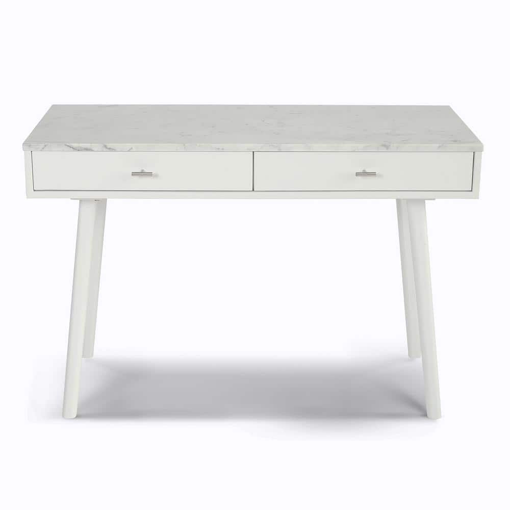 Bianco Flair 49" White Carrara Marble Writing Desk with Sleek Storage Drawers