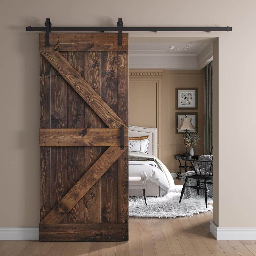 Kona Coffee Pine Wood Sliding Barn Door with Steel Hardware Kit