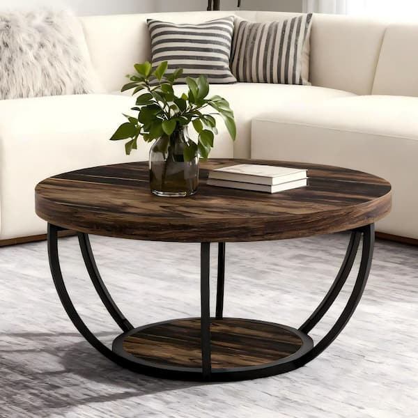 31.7 in. Farmhouse Brown Round Wood Coffee Table with Storage, 2-Tier Small Modern Center Table for Living Room, Office