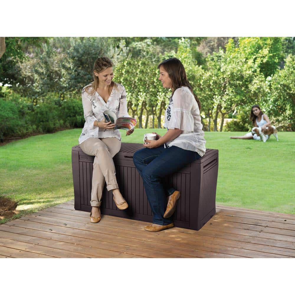 Espresso Brown Lockable Plastic Wicker Deck Box with Wheels