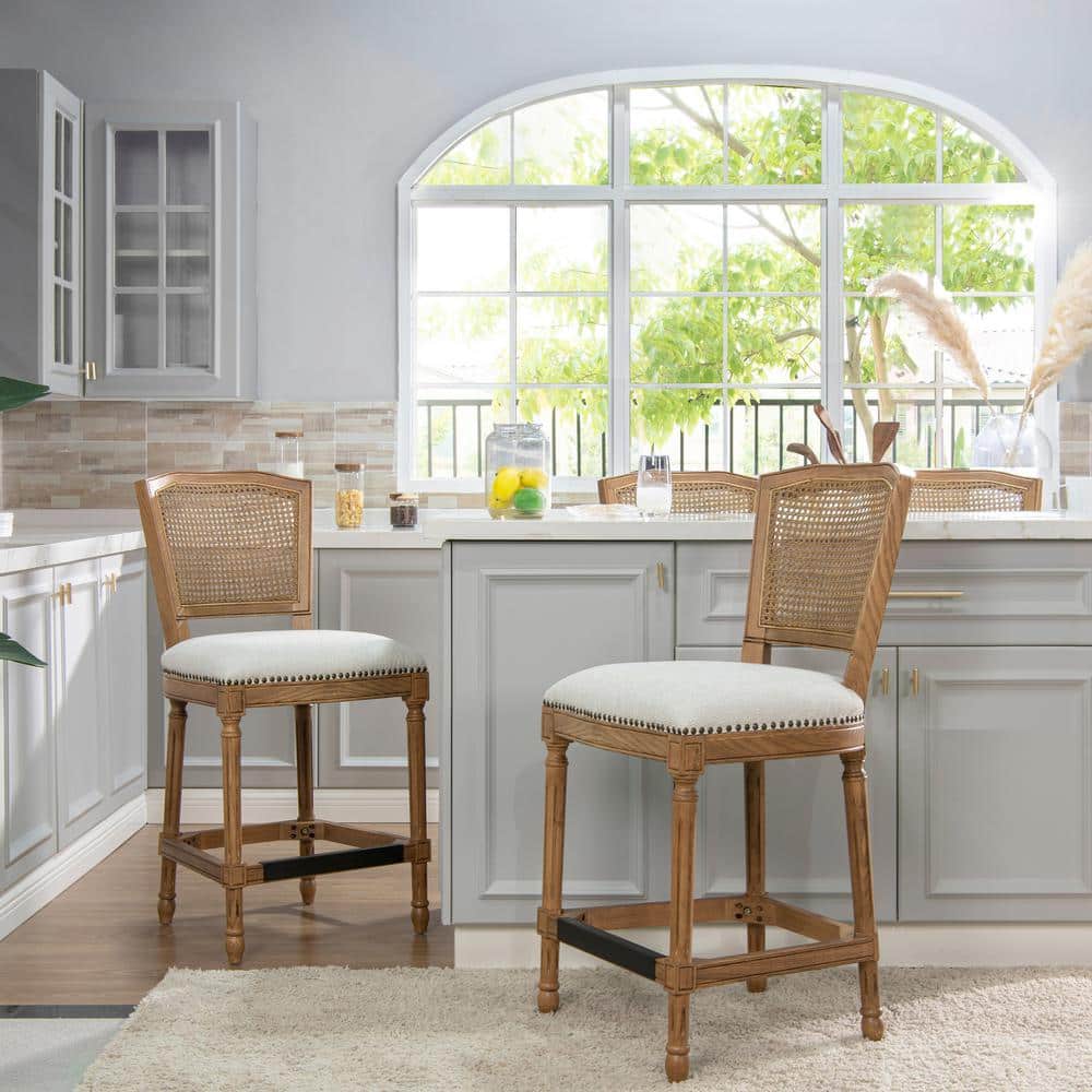 French Country Oak & Wicker Counter Bar Stool in White Pepper