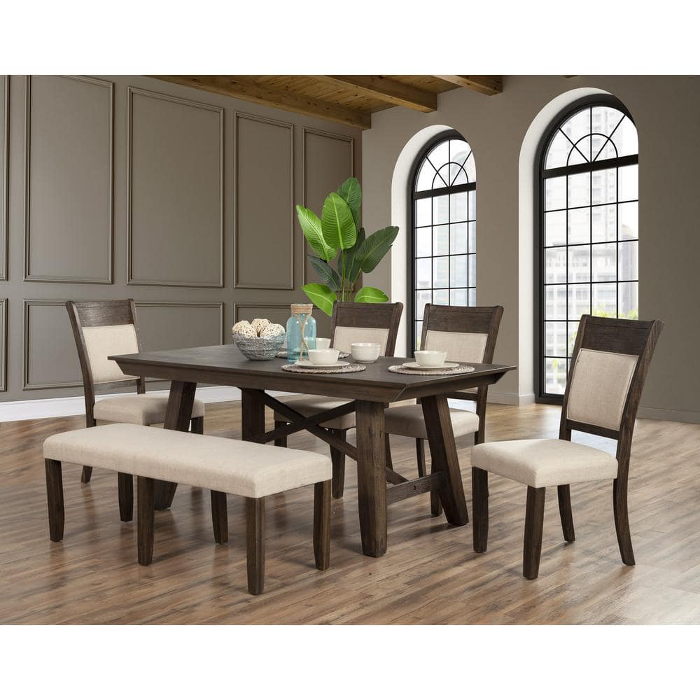 Transitional Beige Upholstered Side Chair with Acacia Wood Frame