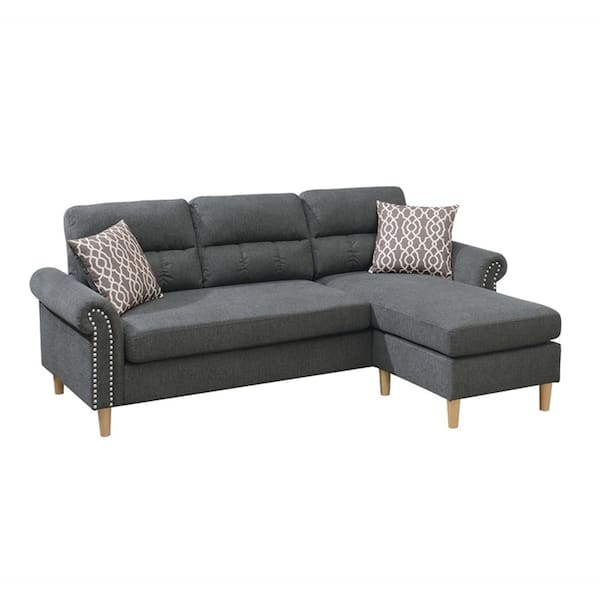 ANGELES HOME 87 in W Fabric Polyfiber Reversible Sectional Sofa Set in. Gray with Chaise Pillows Plush Cushion Couch Nailheads