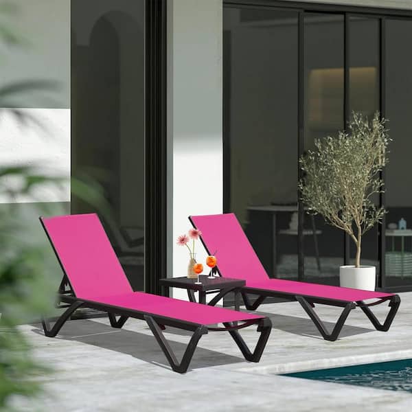 AUTMOON Pool Lounge Chairs Set of 3, Aluminum Patio Chaise Lounge with Side Table, Wheels, 5 Position Adjustable, Rose Red