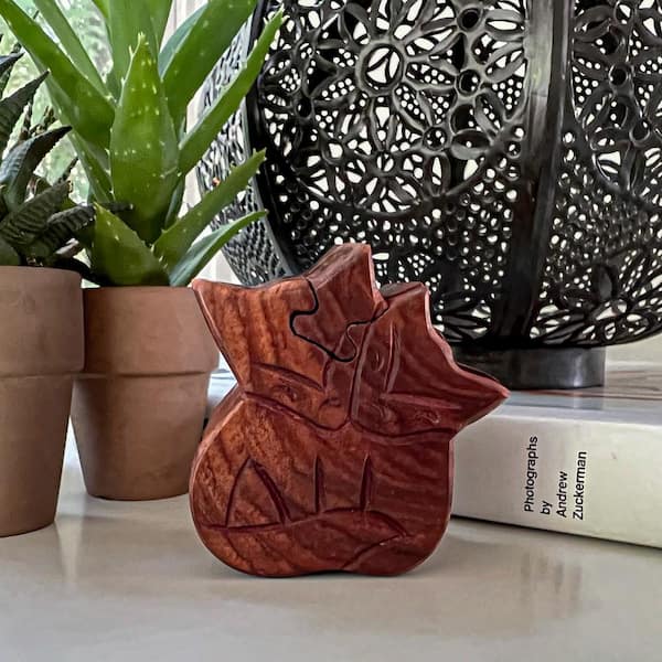 Global Crafts Handmade Fox Couple Sheesham Wood Carved Puzzle Box, Brown