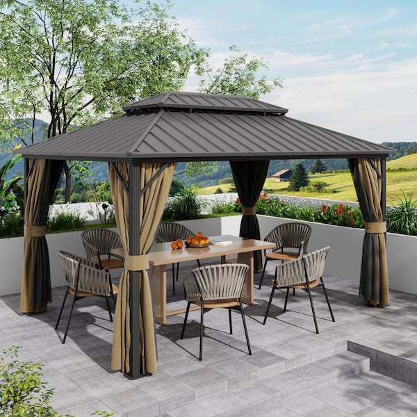 10 ft. x 14 ft. Hardtop Gazebo with Aluminum Frame, Galvanized Steel Double Roof Gazebo with Nettings and Curtain