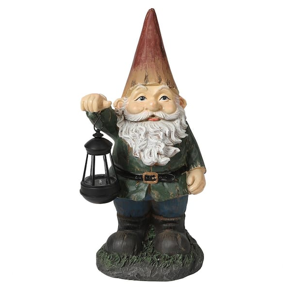 LuxenHome Gnome with Solar Powered Lantern 20 in. Garden Statue WH013 ...
