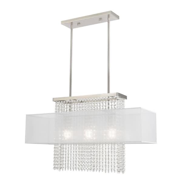 AVIANCE LIGHTING Grovehaven 3-Light Brushed Nickel Linear Chandelier with Translucent Fabric shand and Clear Crystals