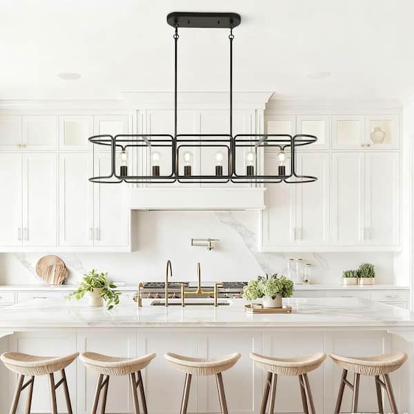 48 in. 6-Light Black Rectangle Island Chandelier Modern Dining Room Hanging Light with Metal Cage Linear Hanging Rods