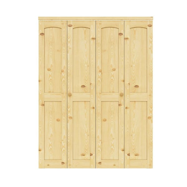 60 in. x 80 in. Arch Panel 2-Lite Solid Core Unfinished Pine Wood Interior Closet Bi-Fold Door with Hardware