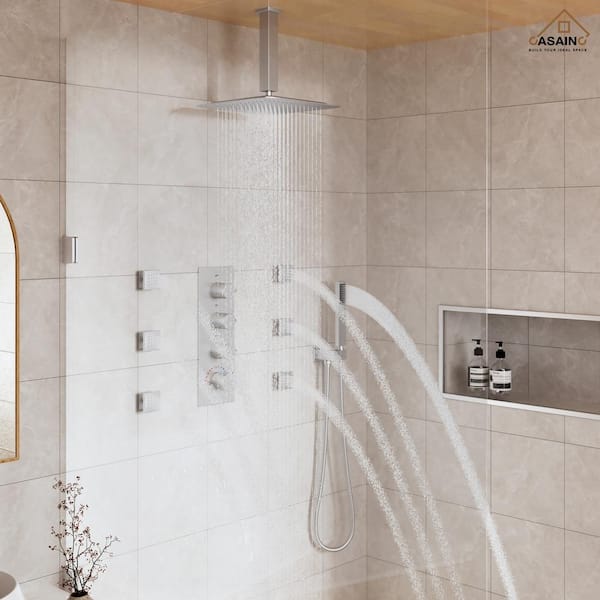 Luxury Thermostatic 3-Spray Dual Shower Head Ceiling Mount Fixed and Handheld Shower Head 2.5 GPM in Brushed Nickel