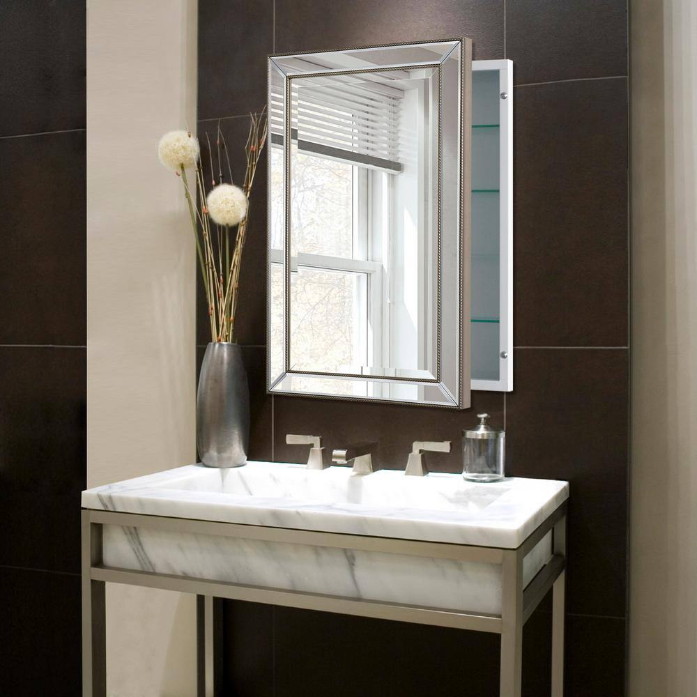 Champagne Silver 16" x 26" Beaded Recessed Medicine Cabinet