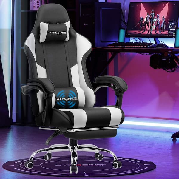 Fabric Gaming Chair with Footrest and Lumbar Support Computer Chair with 360°- Swivel Seat, Black and Light Gray