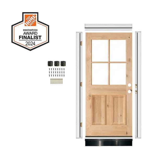 36 in. x 80 in. Left-Hand 4-Lite Clear Glass Unfinished Knotty Alder Wood Front Door Kit w/ Quick Assemble Jamb