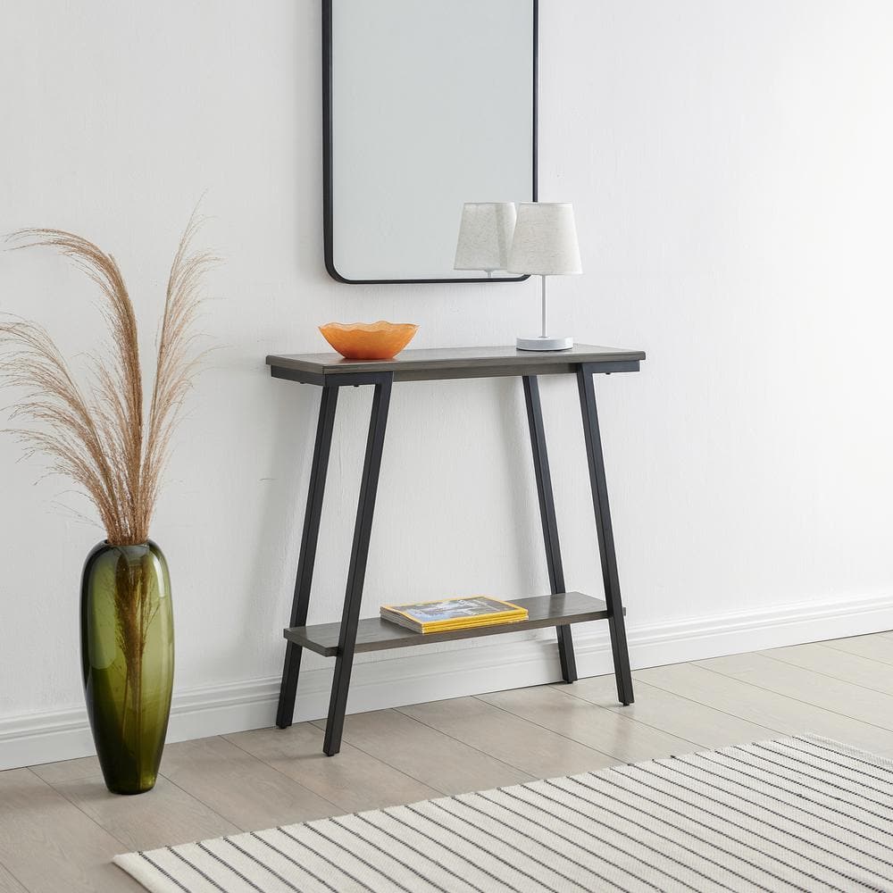 Gray Wood and Metal Console Table with Storage Shelf