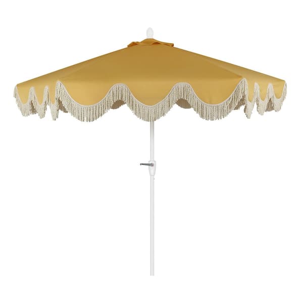 Collins 9 ft. Classic Cottage Fringe Tassel Market Patio Umbrella in Mustard Yellow/Cream, White Pole