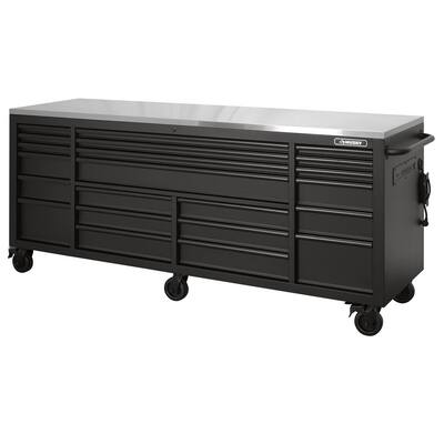 HD 84 in. W 24 in. D 22-Drawer Matte Black Mobile Workbench with Stainless Steel Work Top