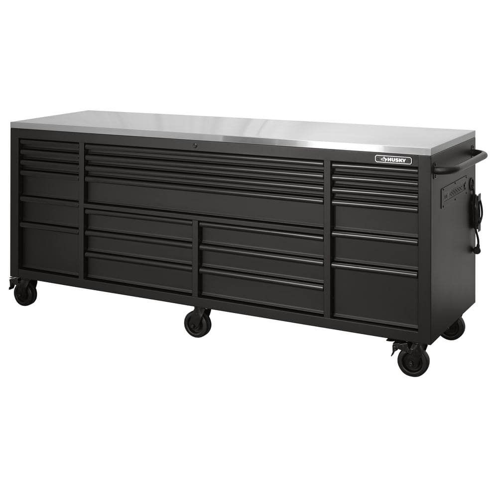 Husky 84 in. x W 24 in. D Heavy Duty 22-Drawer Mobile Workbench Tool Chest with Stainless Steel Work Top in Matte Black, Matte Black with Black Finishes