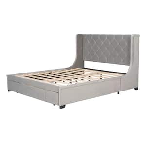 Queen size Velvet Upholstered Platform Bed with Modern Vertical Tufted Wingback headboard, Storage bed With drawer, Gray