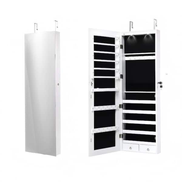 54.5 in. Rectangular White MDF Freestanding Jewelry Armoire Boxes Storage Organizer with Mirror