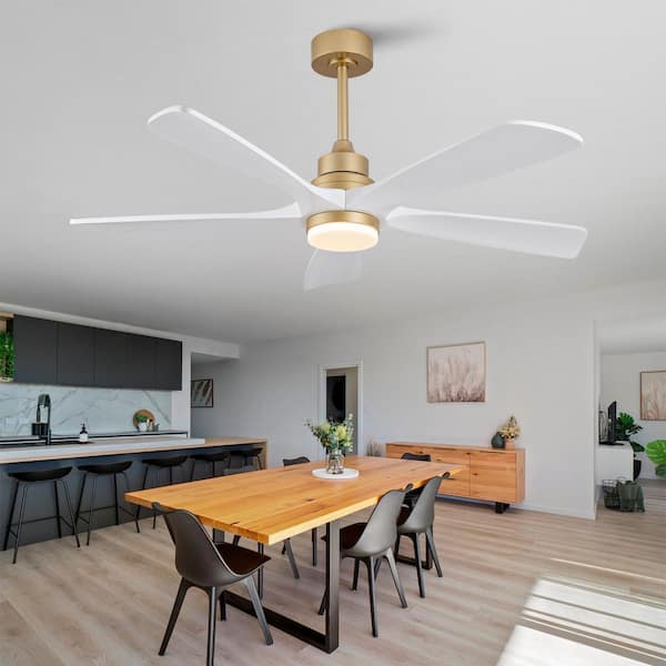 52 in. Smart Gold Solid Wood White Blades 2-Size Downrod Mount Standard Ceiling Fan with 3-Color Dimmable LED Light