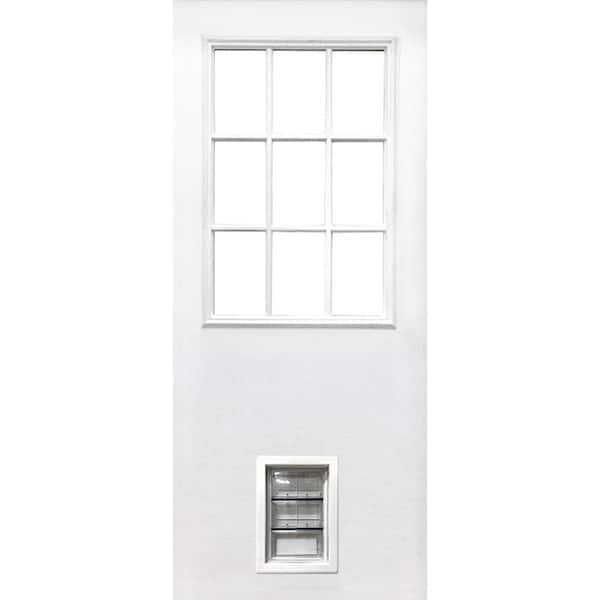 Steves & Sons 31-3/4 in. x 79 in. Reliant Series Clear 9-Lite White Primed Fiberglass Front Door Slab with Medium Pet Door