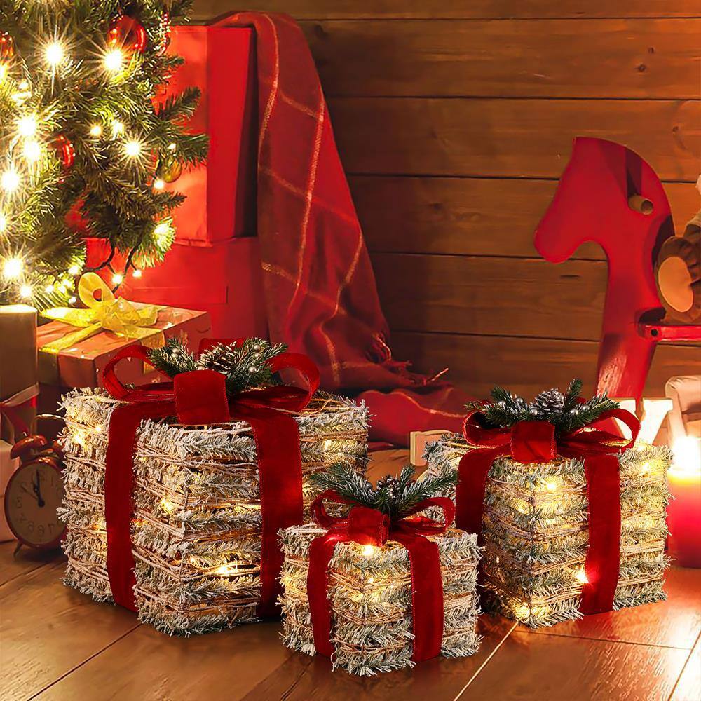 Frosted Faux Cedar Branch Giftbox Set with Lights