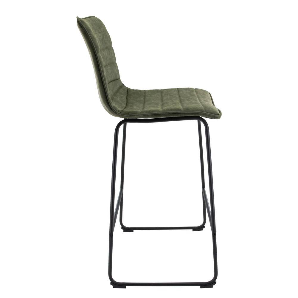Olive Green Leather and Black Iron Bar Stool Set of 2