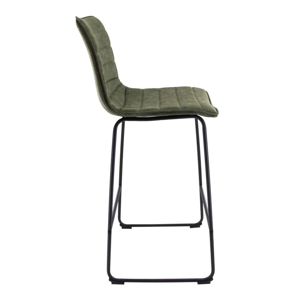 Olive Green Leather and Black Iron Bar Stool Set of 2