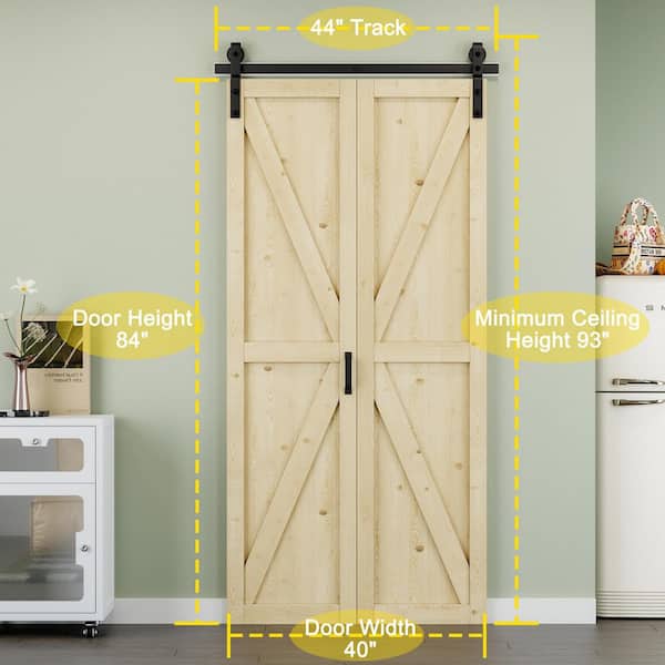 40 in. x 84 in. Paneled K Shape Solid Pine Wood Unfished Bi-fold Sliding Barn Door with Hardware Kit and Handle