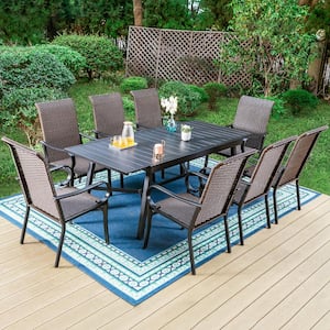 9-Piece Metal Outdoor Dining Set with Extensible Rectangular Slat Table and Brown Rattan Chairs