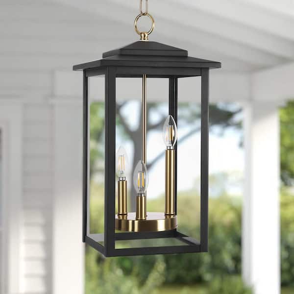21 in. 3-Light Antique Brass Transitional Outdoor Pendant Light with Clear Glass