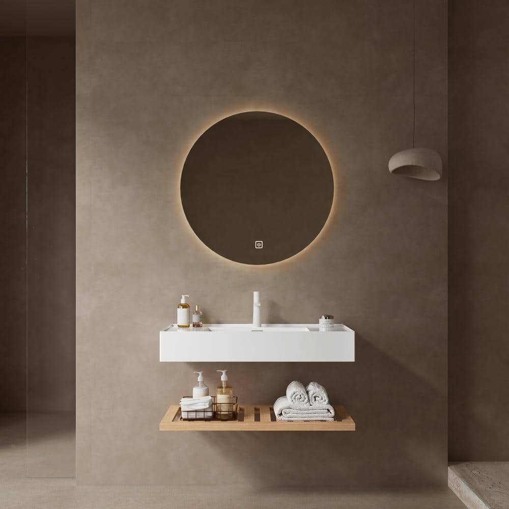 36 in. Wall-Mounted Natural Wood Bath Vanity with White Acrylic Top Assembl