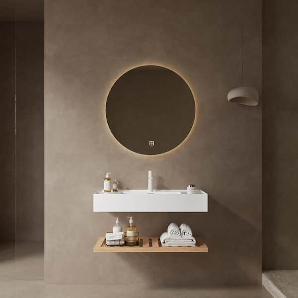 Unbranded 36 in. Wall-Mounted Natural Wood Bath Vanity with White Acrylic Top Assembled