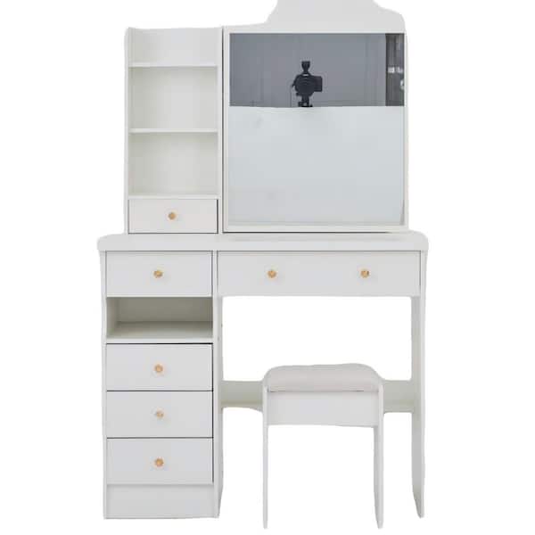 37 in. Left Drawer Makeup Vanity Set Table with Cushioned Stool, Sliding Mirror, Multi Layer High Capacity Storage