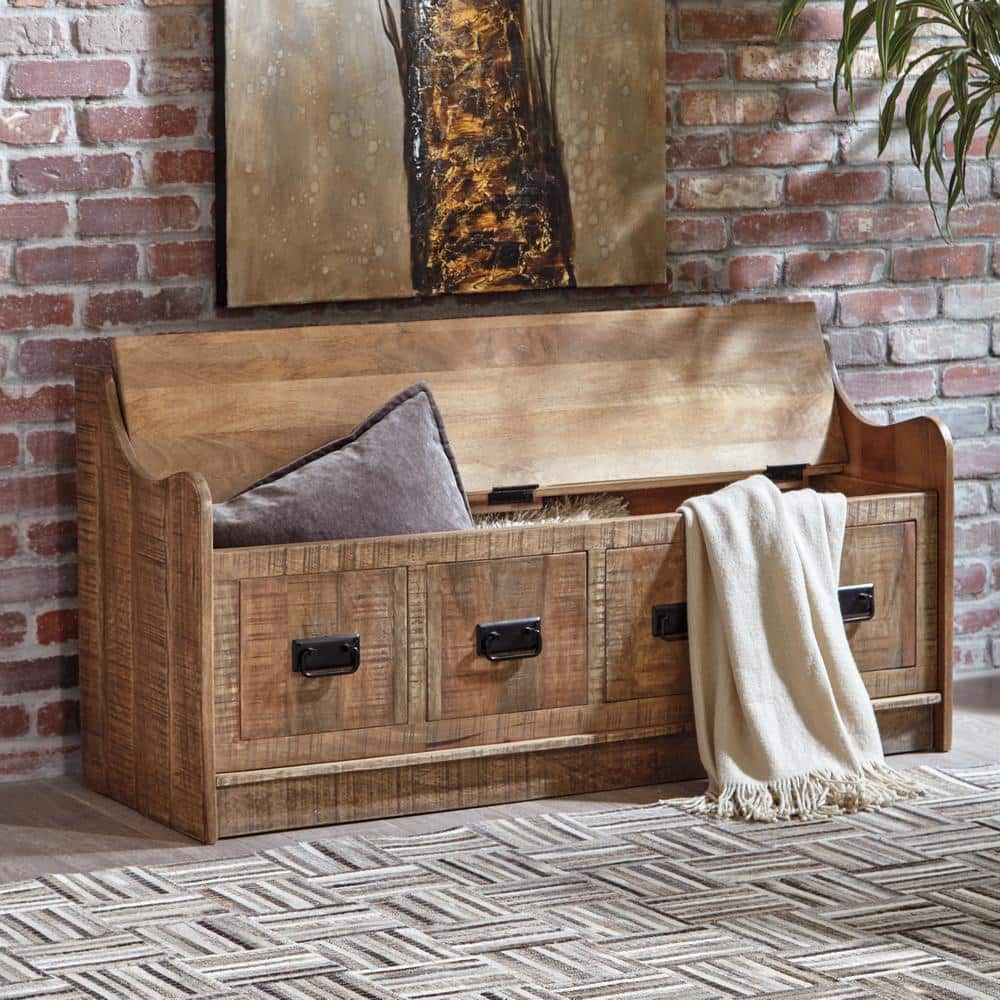 Garrettville Light Brown Solid Wood Storage Bench with Faux Drawers