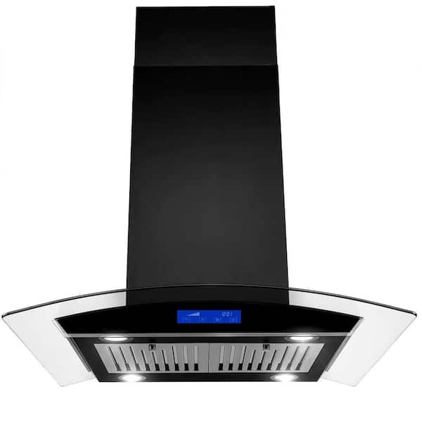 Elexnux 36 in. 700 CFM Ducted Stainless Steel Island Mount Range Hood Tempered Glass with LED Lights-Black