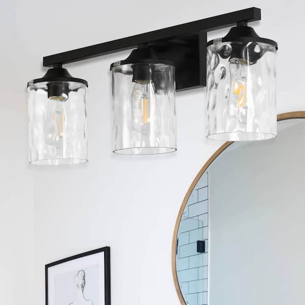 23.2 in. 3-Light Matte Black Linear Classic Modern Bathroom Vanity Light Wall Light with Clear Hammered Glass Shades
