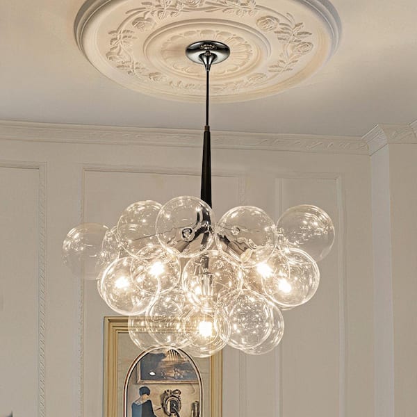 Alma 6-Light 24.8 in.W Silver Cluster Bubble Chandelier with Black Leather, 18 Clear Glass Globes and LED Bulbs Included