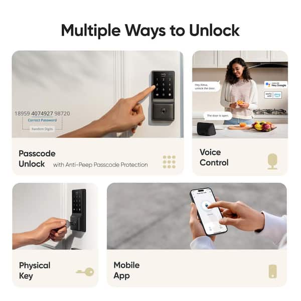 eufy Security C210 Black Smart Lock Wi-Fi with 5-in-1 Ways to Unlock by Mobile App, Keypad, Key, Apple Watch and Smart Assistants
